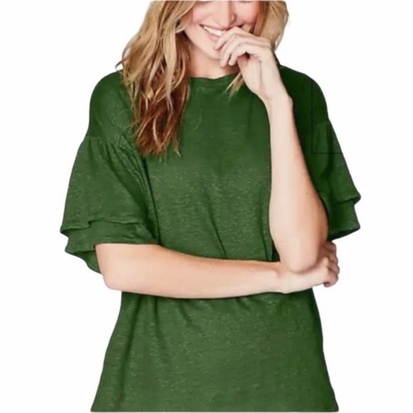 J. Jill Love Linen Flutter Ruffle Stacked Sleeve Forest Green Short Sleeve Top - Picture 10 of 10